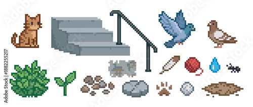 Pixel art collection of urban street objects including a cat, pigeons, stairs, plants, and other city elements for a retro video game