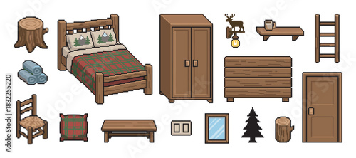 Pixel art set of rustic wooden furniture for a cozy cabin bedroom, including a bed, wardrobe, and dresser in a retro video game style asset pack for game development