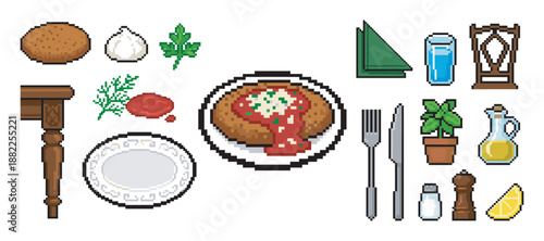 Collection of pixel art food icons showing a chicken parmigiana meal with various dining elements like a table, chair, cutlery, and fresh ingredients for a complete dinner set