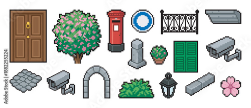 Set of pixel art street and house exterior elements including a door, blooming tree, mailbox, security camera, fence, and archway for a retro video game or digital illustration
