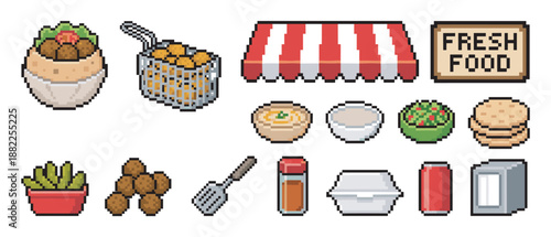Pixel art icon set of falafel street food elements including a pita sandwich, hummus, salad, and a deep fryer basket in a retro 8-bit video game graphic style