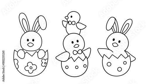 Easter Chick in Eggshell Coloring Page Set.
Cute Easter Chicks with Bunny Ears Outline Clipart for Coloring Pages.
Transparent background.