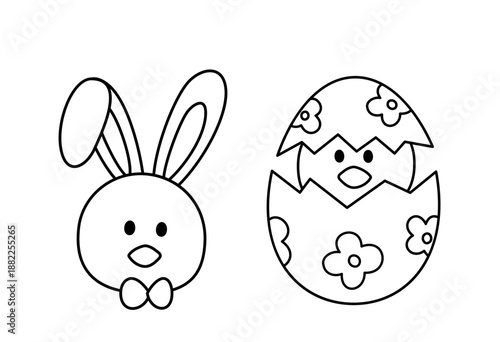 Easter Chick in Eggshell Coloring Page Set.
Cute Easter Chicks with Bunny Ears Outline Clipart for Coloring Pages.
Transparent background.