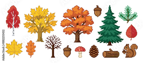 Collection of colorful autumn forest pixel art sprites featuring various trees, leaves, a squirrel, mushroom, acorn, and pinecone in a classic 8-bit video game aesthetic