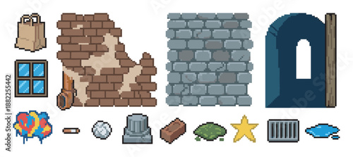 Set of pixel art urban game assets featuring a crumbling brick wall, stone blocks, a window, graffiti, a sewer grate, and other city elements for a retro 2D game