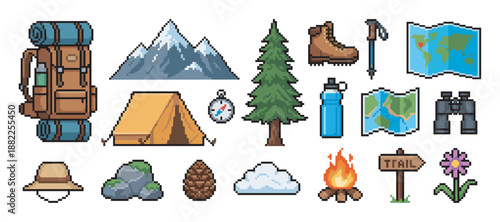 Set of pixel art icons for hiking and camping featuring a backpack, tent, mountain, and campfire in a retro 8-bit video game style illustration collection