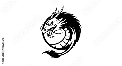 Stylized dragon illustration elegant black and white design on white background