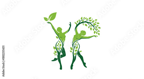 Abstract illustration of two figures with green foliage wellness concept