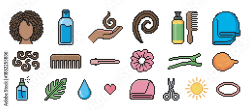 Pixel art icon set for curly hair care routine with shampoo, comb, scrunchie, and styling tools for natural textured hair in a retro 8-bit video game style illustration