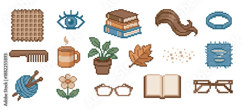 Collection of cozy pixel art icons featuring books, a steaming mug, knitting yarn, and an autumn leaf in a charming retro 8-bit style for a warm self-care aesthetic