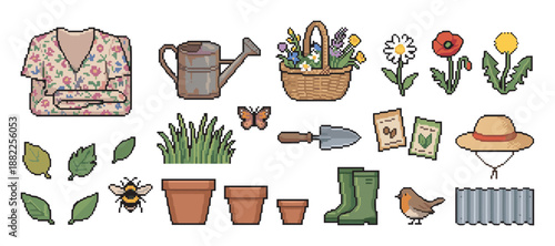 Charming pixel art icon set of various gardening objects like a watering can, flower basket, trowel, pots, and a floral blouse for a cozy cottagecore theme