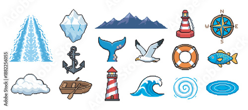 Collection of nautical pixel art icons featuring a lighthouse, anchor, whale, iceberg, and boat for a retro video game, showcasing various sea and ocean elements in a classic 8-bit style