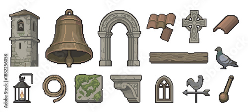 Detailed collection of medieval pixel art game assets, including a stone bell tower, bronze bell, gothic arch, Celtic cross, lantern, and pigeon for a fantasy setting