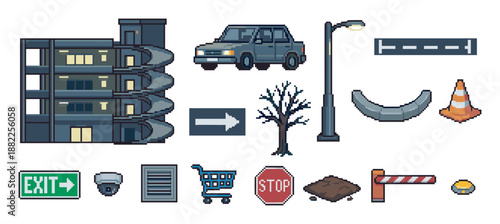 Set of pixel art game assets featuring a multi-story parking garage, car, traffic signs, and various urban street elements for a retro video game