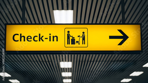 Yellow Airport Check-in Sign with Icon and Arrow Against a Dark Ceiling airport sign yellow sign