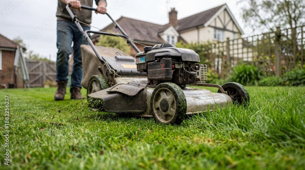 Obraz premium Adult man using a petrol lawnmower to cut green grass in a residential backyard, garden maintenance and seasonal landscaping for home care and property upkeep