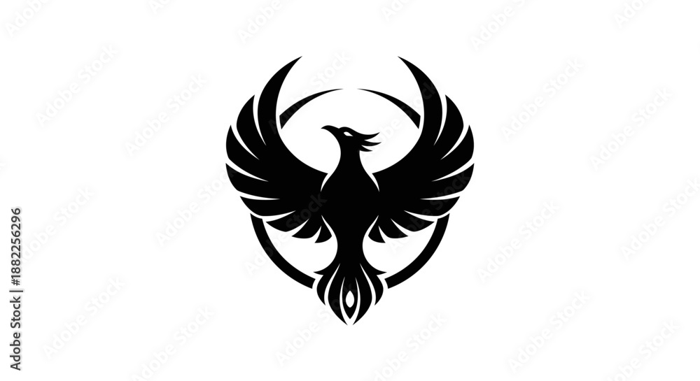 Fototapeta premium Black phoenix emblem soaring with outstretched wings on a white background