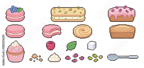 Charming pixel art collection of desserts and ingredients including macarons, cupcakes, cakes, and cookies in a cute retro 8-bit video game style illustration set