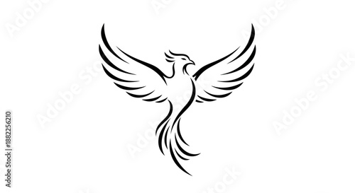 Elegant phoenix silhouette design soaring wings isolated on white background
