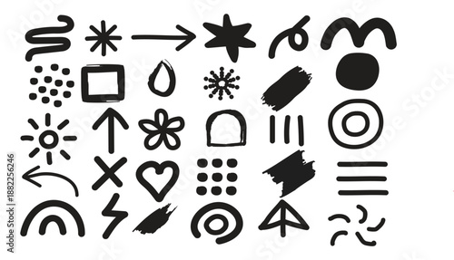 Collection of 30 unique black graphic symbols and shapes