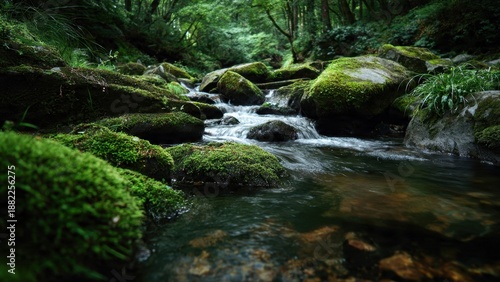 Forest stream flows over mossy rocks