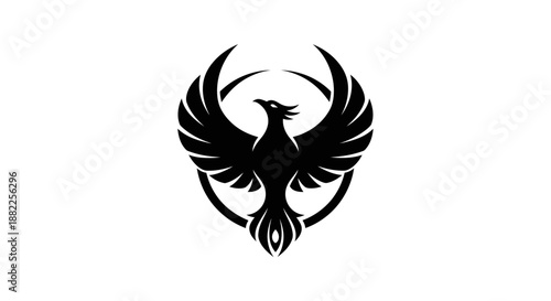 Black phoenix emblem soaring with outstretched wings on a white background