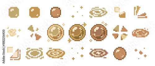 Pixel art game sprite sheet with earth magic effects showing an animation sequence, including orbs, explosions, sparkles, and ground ripples for a retro fantasy video game spell
