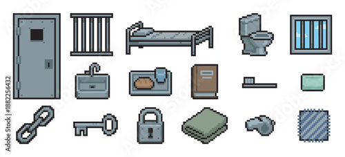 Set of pixelated prison and jail icons with a cell door, bars, cot, toilet, sink, key, and padlock, created in a retro 8-bit video game style