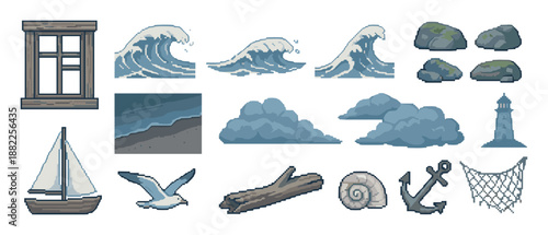 Collection of nautical pixel art assets for video game development featuring a sailboat, lighthouse, waves, and anchor in a retro 8-bit style for creative projects