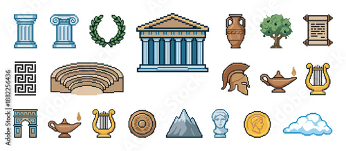 Set of ancient Greek pixel art icons featuring a temple, column, amphora, helmet, and lyre in a retro 8-bit video game style for historical or mythological themes