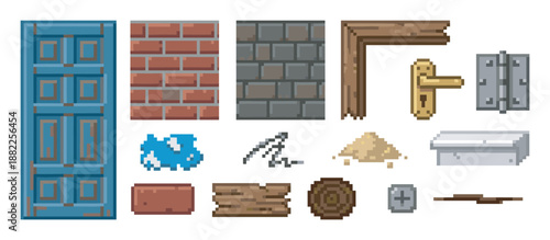 Pixel art collection of game assets for construction and building, including a door, bricks, wood, stone, and various hardware elements for a retro video game design