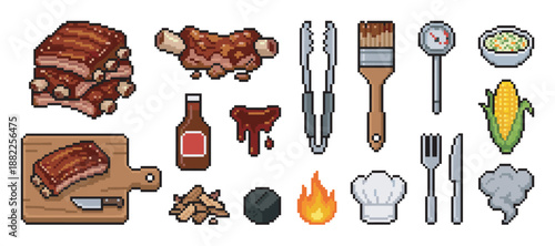 Pixel art barbecue icon set with grilled ribs, cooking tools, sauce, and corn in a retro 8-bit video game style illustration for a food or gaming theme