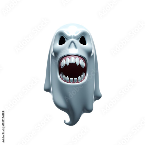Scary ghost with open mouth in eerie white fog with dark eyes and sharp teeth in digital illustration for halloween decoration
