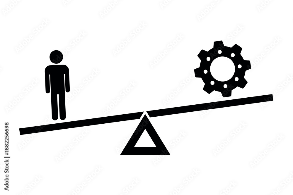 Fototapeta premium Black silhouette of a person and gear on a balance scale