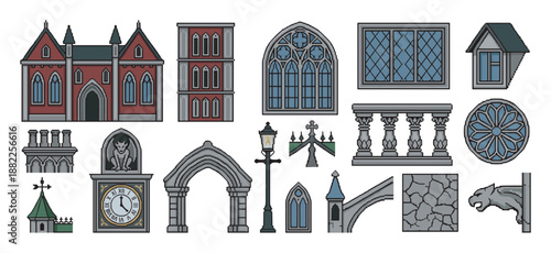 Pixel art game asset collection of gothic architectural elements including a mansion, clock tower, stone arch, ornate windows, and a gargoyle for creating a fantasy city