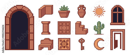 Collection of pixel art game icons featuring ancient architectural elements, desert plants, and fantasy objects for a retro video game asset pack or user interface design