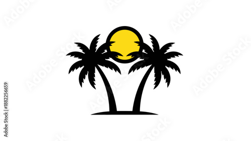 Palm trees silhouette with yellow sun on white background vector illustration