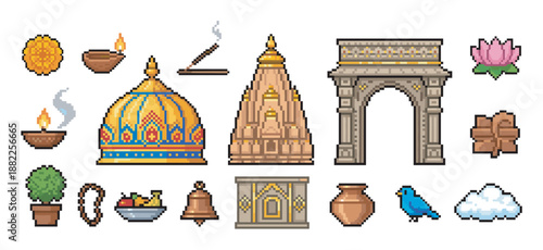 Set of Indian cultural pixel art icons featuring a temple, gateway, diya lamp, lotus, and other religious symbols in a retro 8-bit video game style illustration collection