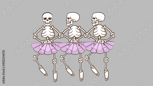 Dancing Halloween cartoon skeleton. Skeletons dancing ballet. Three skeletons dancing in ballet skirts. Vector illustration.