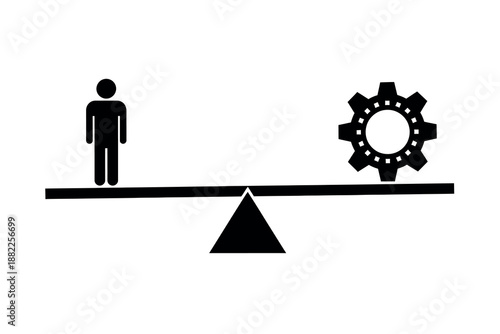 Black silhouette of a person and gear on a seesaw