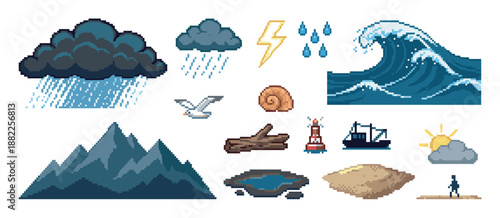 Collection of pixel art icons depicting nature, weather, and sea elements like a wave, storm cloud, mountain, and boat for a retro video game aesthetic