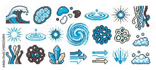 Pixel art water element icons set for retro video game design, featuring various liquid forms like ocean waves, splashes, ice crystals, ripples, and magical spell effects