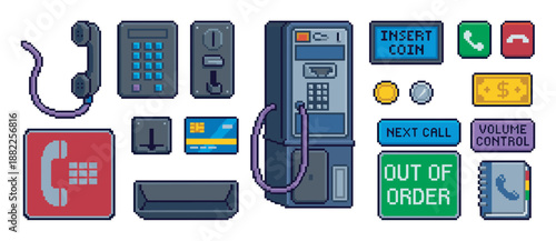 Pixel art icon set of a public payphone and its components, including a receiver, keypad, coins, and signs, rendered in a retro 8-bit video game style for a nostalgic feel