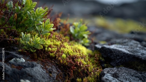 Green moss and plants growing on dark rock