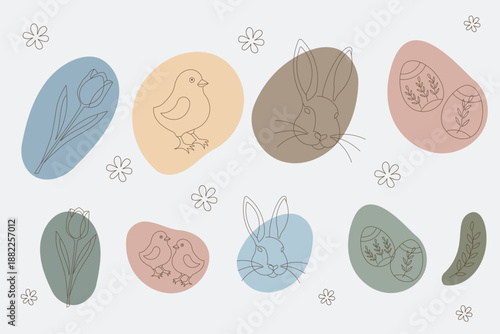 Easter Icons Collection with Rabbits Chicks and Spring Flowers