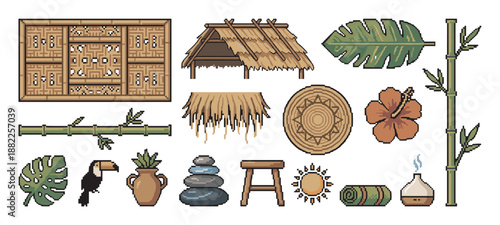 Pixel art set of tropical jungle icons including a toucan, bamboo hut, hibiscus flower, and zen stones for a retro game asset collection