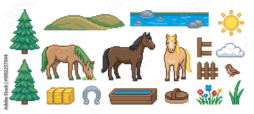 Pixel art farm and horse icons set featuring various countryside elements in a retro 8-bit video game style, including animals, trees, hay, a horseshoe, and a water trough