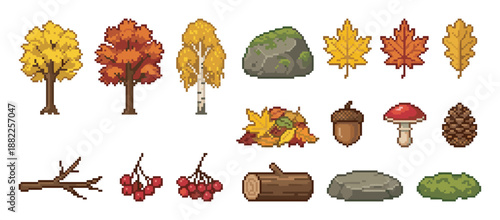 Collection of autumn forest pixel art icons showing colorful trees, maple leaves, a mushroom, acorn, pinecone, and berries in a classic 8-bit retro video game asset style