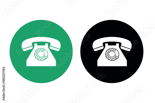 Vector icons of green and black rotary phones in circles for communication