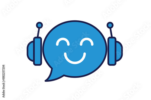 Blue smiling chat bot character wearing headphones